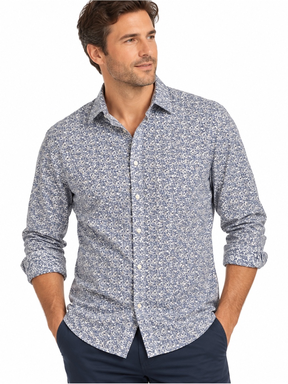 Egara Men’s XL Slim Fit Blue Floral Stretch Non-Iron Button Down Shirt